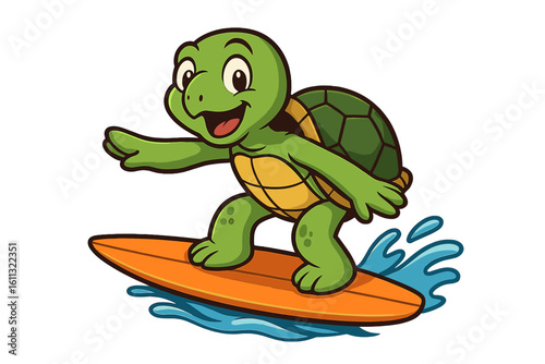 Cute cartoon turtle surfer character riding a wave on a surfboard. Happy sea animal mascot for summer vacation and beach themes. Vector illustration for kids.