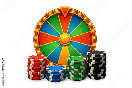 Casino chips and glowing fortune wheel. Vector illustration for gambling and game concepts. Spin to win a prize or jackpot. Symbol of luck, betting, and risk. Isolated.