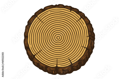 Wooden trunk cross section with tree rings. Vector illustration of a wood slice stump. Natural timber texture background. Isolated graphic element for design concepts.