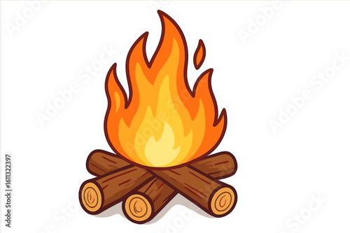 Bonfire vector illustration with burning firewood logs. Cartoon campfire icon for camping and adventure designs. Hot flame symbol isolated on transparent background. Warmth.
