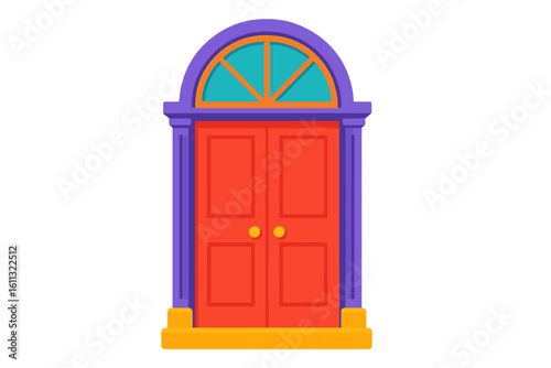 Colorful front door vector illustration. Bright, vibrant double doors with arched window. Flat design architectural element for house entrance, isolated on transparent background.