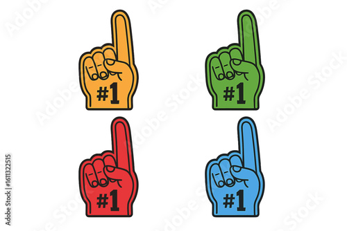 Fan foam hands number one set of 4. Vector illustration of supporter glove icon. Sports team game accessory. Champion winner symbol. Isolated graphic element collection.