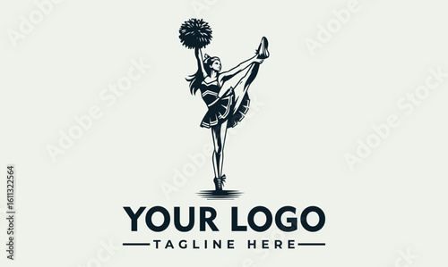 A stylized logo featuring a cheerleader in dynamic pose, holding a pom-pom high.