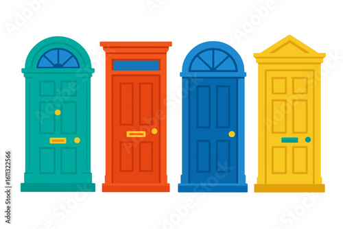 Set of colorful front doors. Collection of entrance doorways. Vector illustration of home exterior element. House architecture. Flat design. Concept of choice, opportunity.