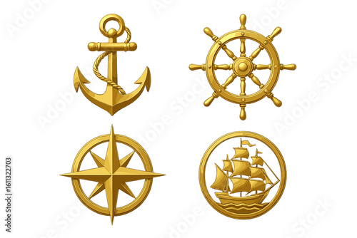 Golden nautical emblem set. Vector icons of anchor, ship's wheel, compass rose, sailing boat. Marine, maritime, and travel symbols for logo design on transparent background.