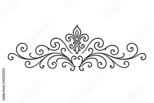 Ornate flourish header with fleur-de-lis. Decorative calligraphic vintage divider. Elegant royal filigree scrollwork. Vector illustration isolated on transparent background.