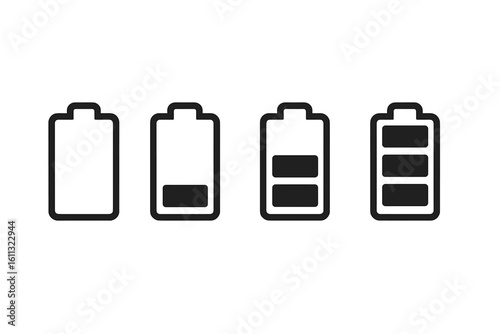 Battery charge level indicator icon set. Vector illustration of power status from empty to full. Mobile phone UI element symbol. Energy level concept design for web or app.