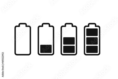 Battery charge level indicator icon set. Vector symbols showing energy status from empty to full. Power progress bar for mobile phone or web interface. Accumulator sign.