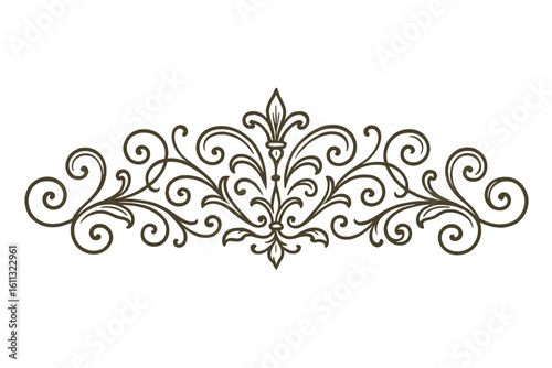 Ornate flourish header, decorative calligraphic vintage divider. Elegant scroll filigree ornament with swirls. Classic retro vector design for wedding invitation border.