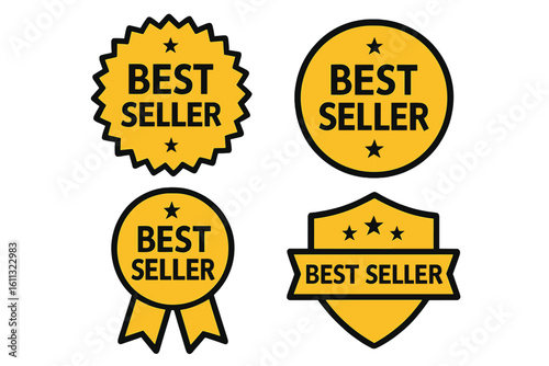 Best seller badge collection vector illustration. Set of golden stamp, award emblem, and promotional label for top product. E-commerce success symbol on transparent background.