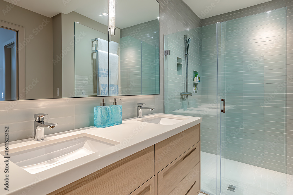 Modern bathroom with double vanity and glass shower enclosure Modern bathroom with double vanity and glass shower enclosure