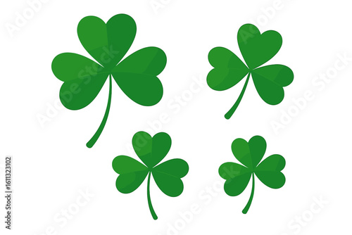 Set of green shamrock vector icons. St Patrick's Day symbol. Three leaf clover illustration for Irish holiday design. Good luck charm graphic element isolated on white background.