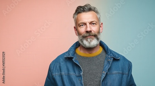 Stylish Mature Man with Beard Posing Against a Colorful Background