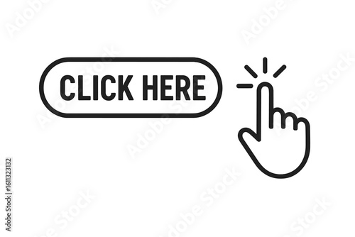 Click here web button with hand cursor pointer icon. Finger pressing action for website link. Isolated UI UX graphic element for navigation. Vector illustration set.