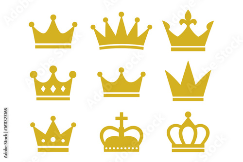 Gold crown vector icon set. Collection of royal king and queen crowns. Monarchy symbol, luxury power sign. Heraldic element for logo design. Isolated illustration.