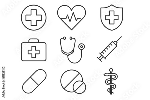 Medical icon set for health care. Medicine and pharmacy thin line signs. Vector collection includes stethoscope, syringe, first aid kit, caduceus, heartbeat, pill and shield.
