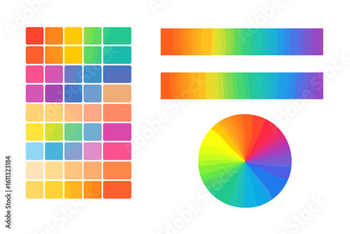 Color palette set with vibrant gradients and swatches. Rainbow color wheel spectrum chart for graphic design. Modern multicolored collection of design elements for UI and UX.