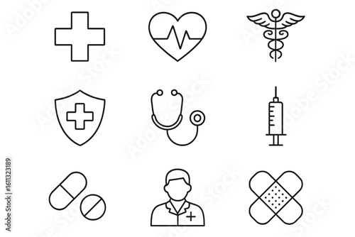 Medical icon collection. Health care signs in thin line style. Vector set includes cross, heart, caduceus, shield, stethoscope, syringe, pills, doctor, and bandage.