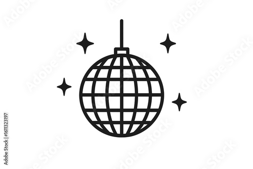 Disco ball line icon. Party and dance celebration symbol. Nightclub music event sign. Retro 70s 80s mirrorball with sparkles. Funky vintage vector illustration.