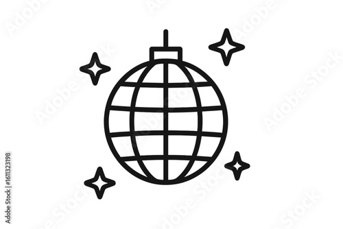 Disco ball line icon. Party mirror ball with stars symbol. Nightclub dance music sign. Retro 70s 80s celebration graphic element. Minimal vector illustration.