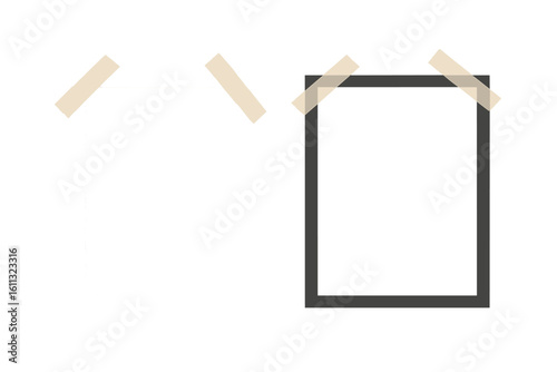 Empty white and black photo frame mockups fixed with sticky tape. Realistic vector illustration. Blank paper picture frames with washi tape for design, portfolio, gallery.