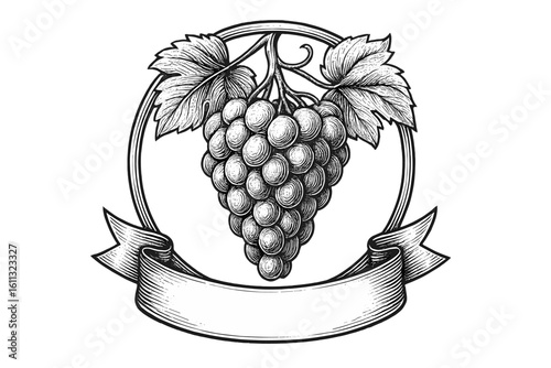 Grape bunch with leaves and banner ribbon in a round frame. Vintage winery logo template. Engraving style vector illustration for wine label, sticker, or beverage emblem.