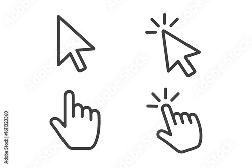 Cursor icon set with arrow and hand pointers. Click and press action symbols for web design. UI and UX interface elements. Vector illustration for website button or link.