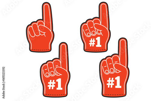 Fan foam hands number one set. Sport finger glove icon collection. Support gesture for game day. Champion, winner, and success symbol. Vector illustration design element.