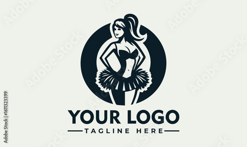Graphic logo of a woman in a tutu, hands on hips, against a circular background.