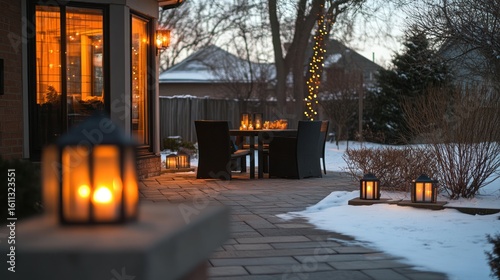 Inviting winter patio scene with warm lantern light and snow-dusted surroundings