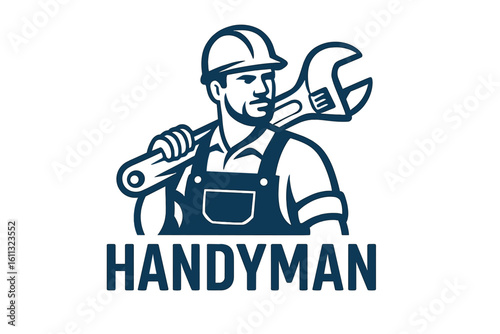 Handyman logo mascot with wrench tool. Vector illustration for repair service. Industrial worker, builder or plumber character emblem for construction and maintenance business.