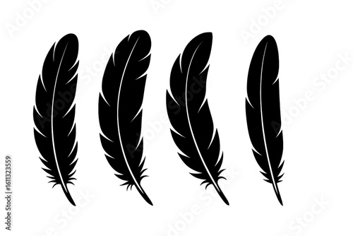 Black feather silhouette vector icon set. Simple elegant bird plume illustration. Light quill design element for logo or tattoo. Isolated on white background. Boho style.