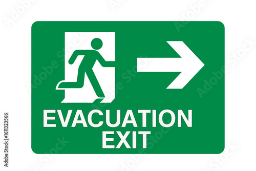 Evacuation exit sign vector icon. Emergency fire exit symbol with running man pictogram and arrow. Green safety warning sign for indicating escape route direction. Safe area.