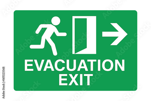Evacuation exit sign icon set. Green emergency fire exit symbol with running man and arrow. Safety warning sign for escape route direction to a safe area. Vector illustration.
