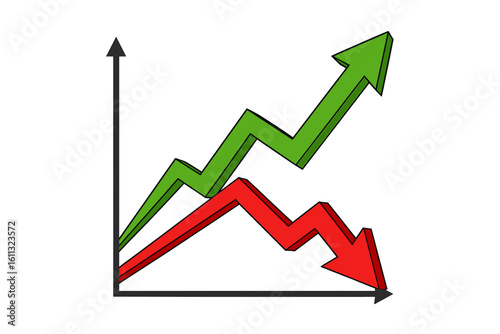 Green up and red down arrow graph showing rising and descending trends. Business success and failure concept. Investment profit and loss. Stock market chart symbol vector.