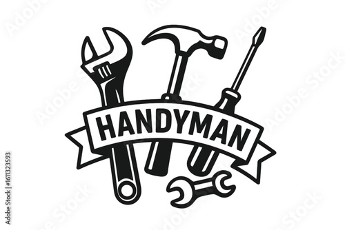 Handyman service logo with tools. Monochrome vector icon for repair and maintenance. Craftsman emblem with hammer, wrench, screwdriver. Construction or workshop badge design.
