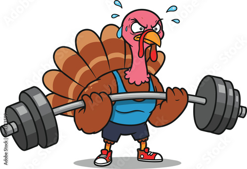 Funny cartoon turkey lifting heavy weights, fitness gym workout bird character, strong determined expression, flat vector illustration, Thanksgiving mascot art