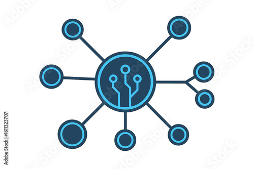 High-tech network nodes design. Digital communication hub, data connection concept. Abstract circuit board technology. Vector icon for IT, science, and big data business.