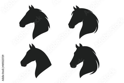 Horse head silhouette vector collection. Equine logo icon set for equestrian sport or farm concepts. Black stallion graphic element. Isolated animal profile illustration.