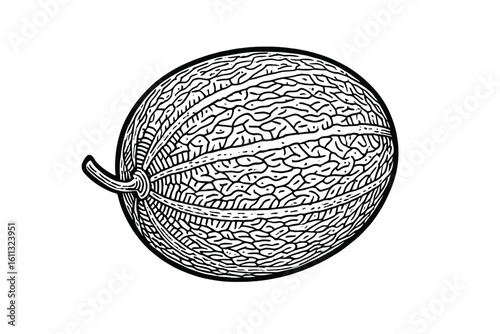 Melon cantaloupe fruit engraving style vector illustration. Hand drawn vintage sketch of fresh organic food. Black and white isolated icon for healthy eating concept.
