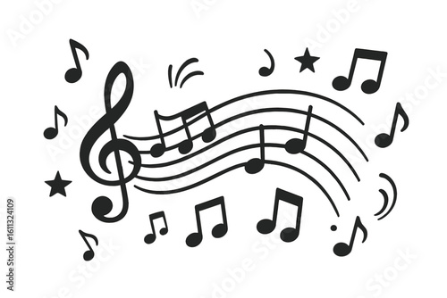 Music notes vector illustration. Hand drawn doodle of musical symbols, treble clef, and staff. Concept for melody, song, audio, sound, concert, or festival background.