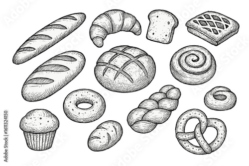 Hand drawn bakery vector set. Sketch illustration of bread, pastry, croissant, muffin, pretzel, donut. Engraving style baked goods for menu, logo, package design.