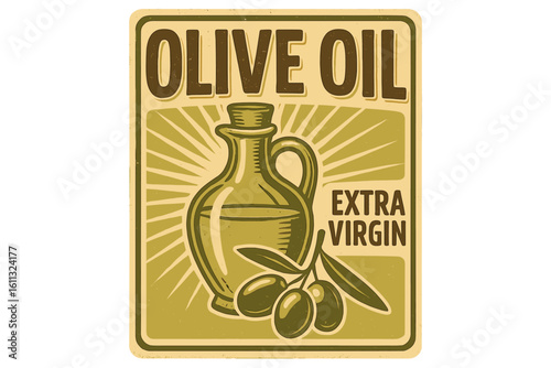 Retro olive oil poster. Vintage vector illustration of a jug and olive branch for packaging or label design. Mediterranean farm fresh, organic extra virgin food concept.