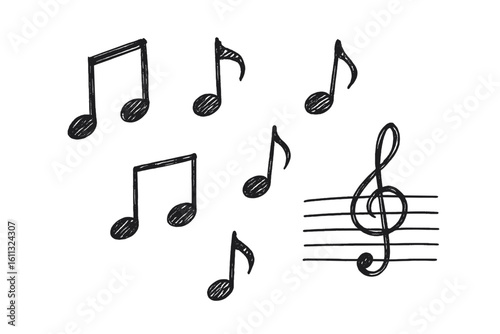 Hand drawn musical notes sketch vector illustration set. Doodle treble clef on staff. Music sound symbol. Melody song icon collection. Isolated black line art design element.