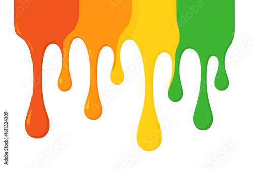Colorful paint dripping down. Liquid ink drops flowing. Vector illustration of melting syrup or slime. Abstract background border with current ink stains and splashes.