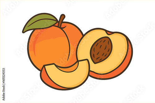 Vector illustration of fresh juicy peaches. Whole fruit, half with seed, and a slice. Isolated cartoon icon for healthy eating, organic food, summer harvest concepts.