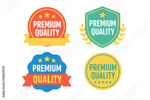 Premium quality badges set. Colorful labels with stars and ribbons. Guarantee seal for best product. Certified original sticker collection. Vector graphic on transparent background.