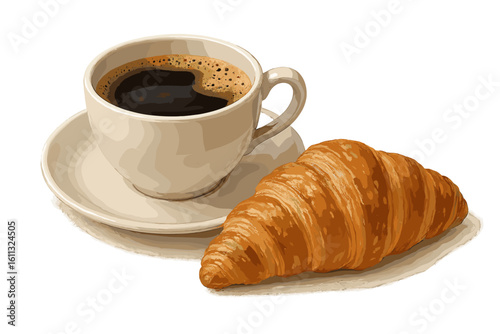Cup of coffee and croissant isolated on white background. Realistic vector illustration of a classic French breakfast. Hot fresh beverage and baked pastry for a cafe menu.