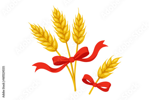 Wheat ears bunch with red ribbon bow. Vector illustration of a sheaf of ripe golden grain. Agriculture harvest symbol for bakery, farm, organic food. Autumn decoration.