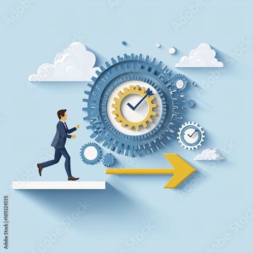Businessman Running Towards Clock Gears with Clouds and Arrows